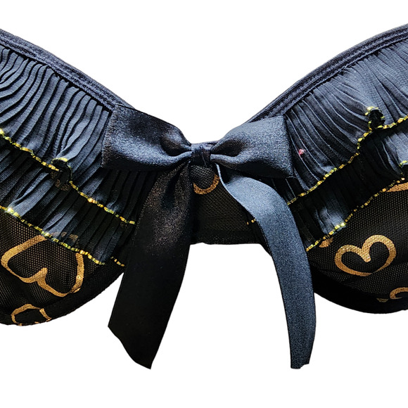 DreamGirl Bra XL Black Sheer Lingerie Metallic Gold Hearts Ruffle Trim Bow Sexy - Picture 3 of 10